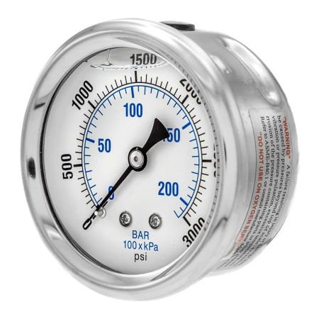 Engineered Specialty Products, Inc Pic Gauges 2 1/2" Pressure Gauge, Liquid Filled, 3000 PSI, SS Case, Center Back Mount, PRO-202L-254P PRO-202L-254P